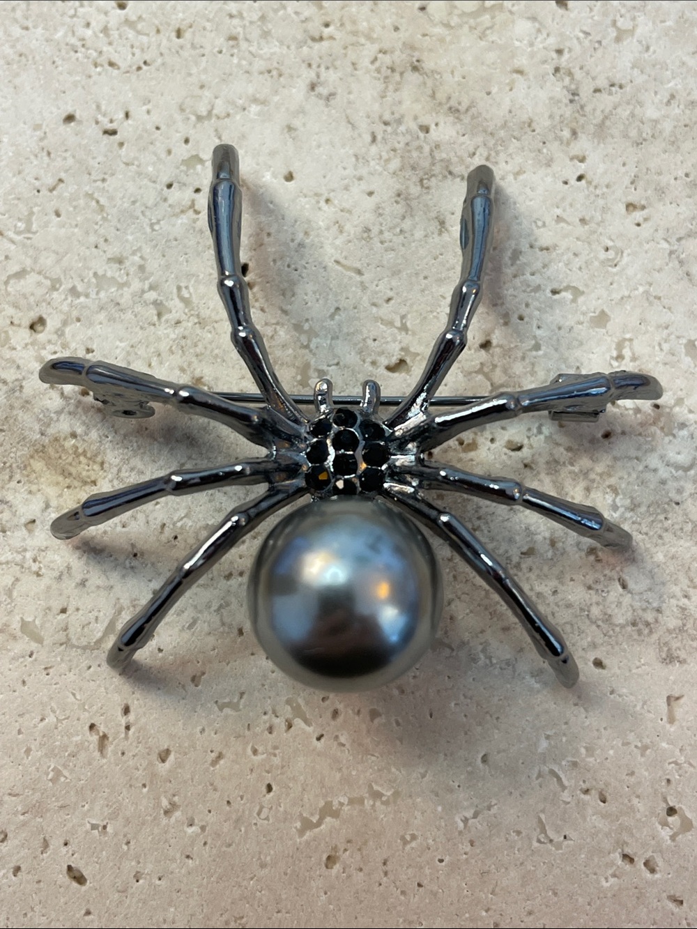 Saks Fifth Avenue Black Gunmetal Spider Brooch with Pearl Body
